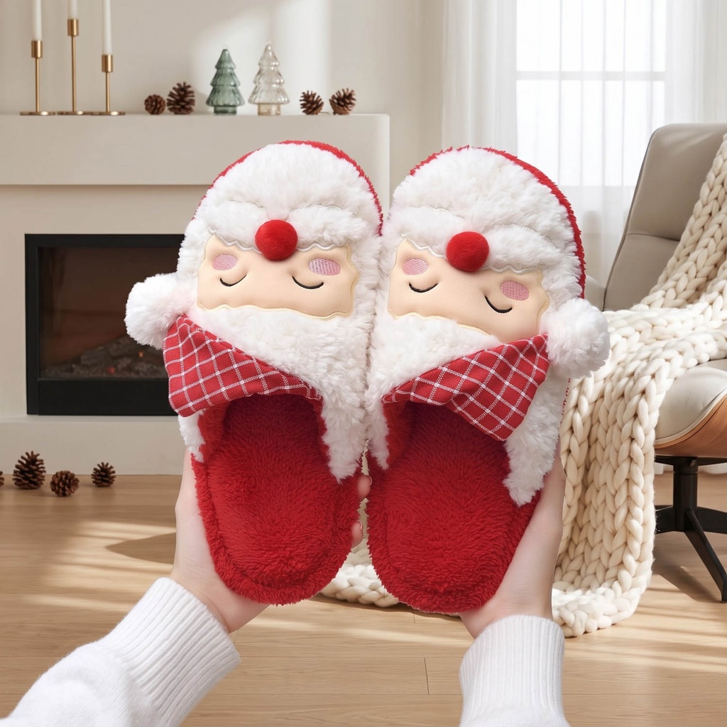 360 COTTON CHRISTMAS SLIPPERS 36-41 Santa Claus face with a fluffy faux fur beard