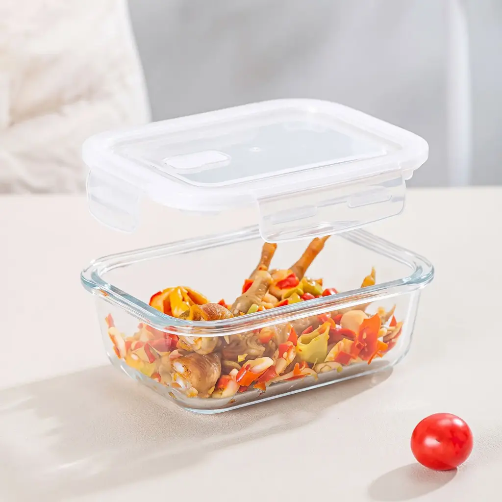 360 HOME GLASS FOOD STORAGE RECTANGULAR HIGH BOROSILICATE WITH COLOR CARD VENTED LID 370ML 14.5X10.5X4.7CM