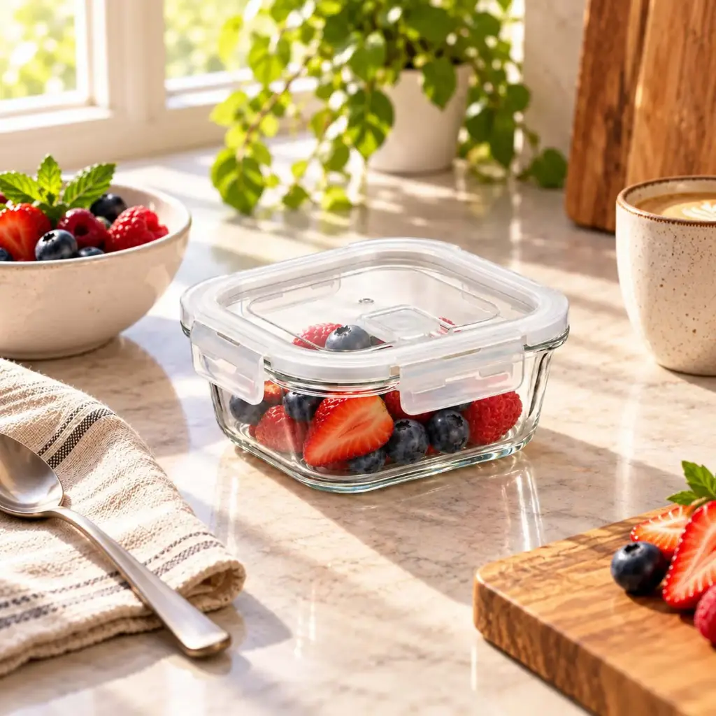 360 HOME GLASS FOOD STORAGE SQUARE HIGH BOROSILICATE WITH COLOR CARD VENTED LID 310ML 11.2X4.85CM