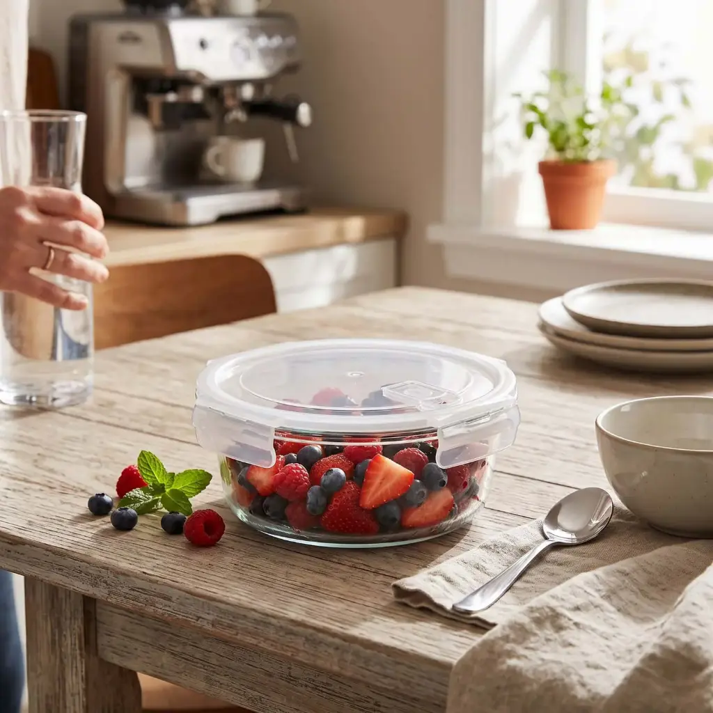 361 HOME GLASS FOOD STORAGE BOWL ROUND WITH COLOR CARD VENTED LID DIVIDER 630ML 14.95X6CM