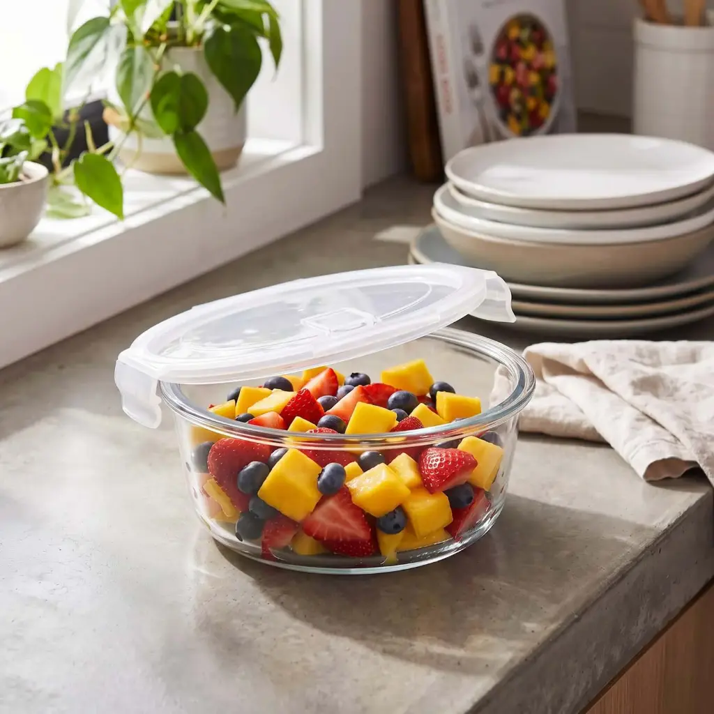363 HOME GLASS FOOD STORAGE BOWL ROUND WITH COLOR CARD VENTED LID DIVIDER 1300ML 19.4X7.25CM