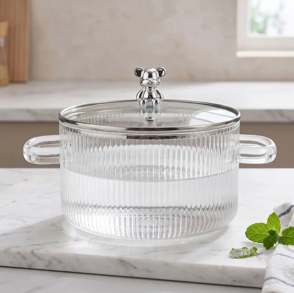 360 HOME GLASS COOKING POT TRANSPARENT BEAR SHAPED DOUBLE HANDLE 1.6LTR160X100MM