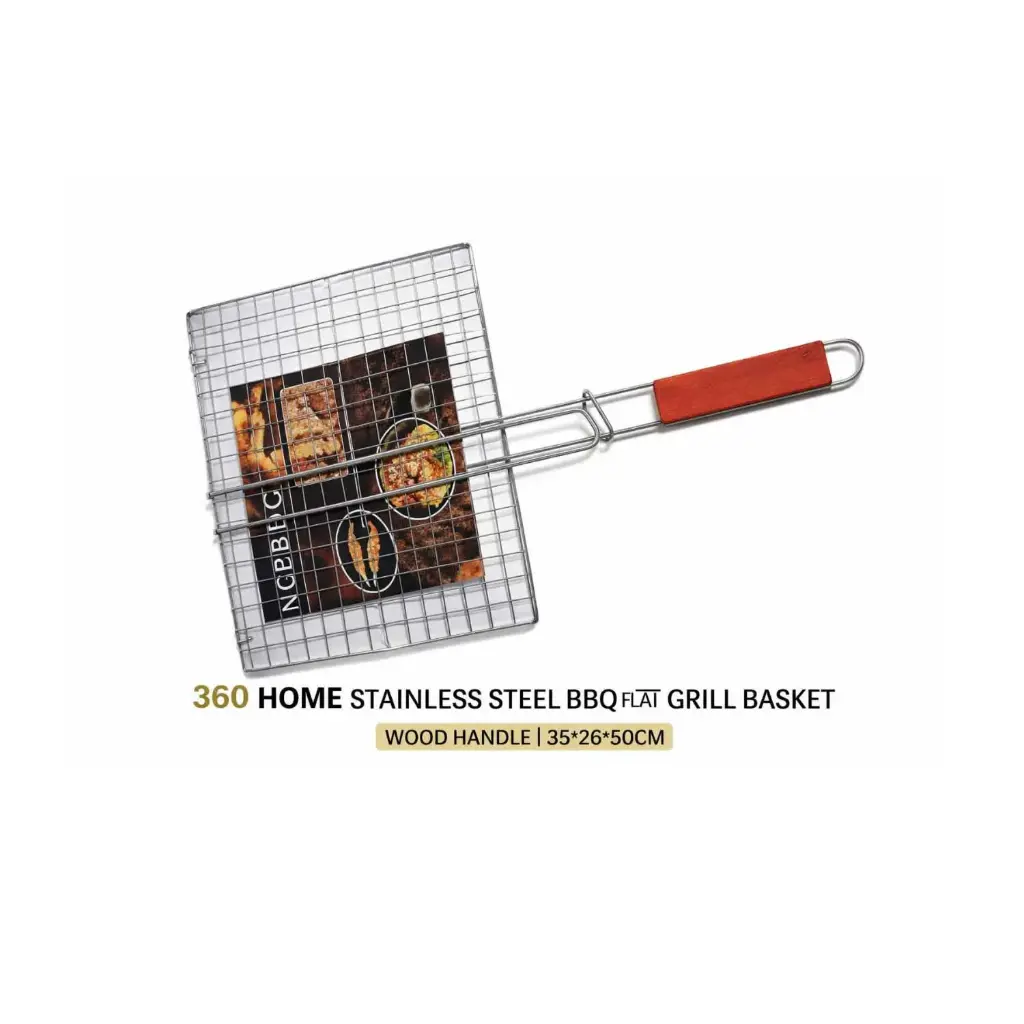 360 HOME BARBECUE GRILLING BASKET RECTANGULAR STAINLESS STEEL WITH LOCKING GRID 35X26X50CM