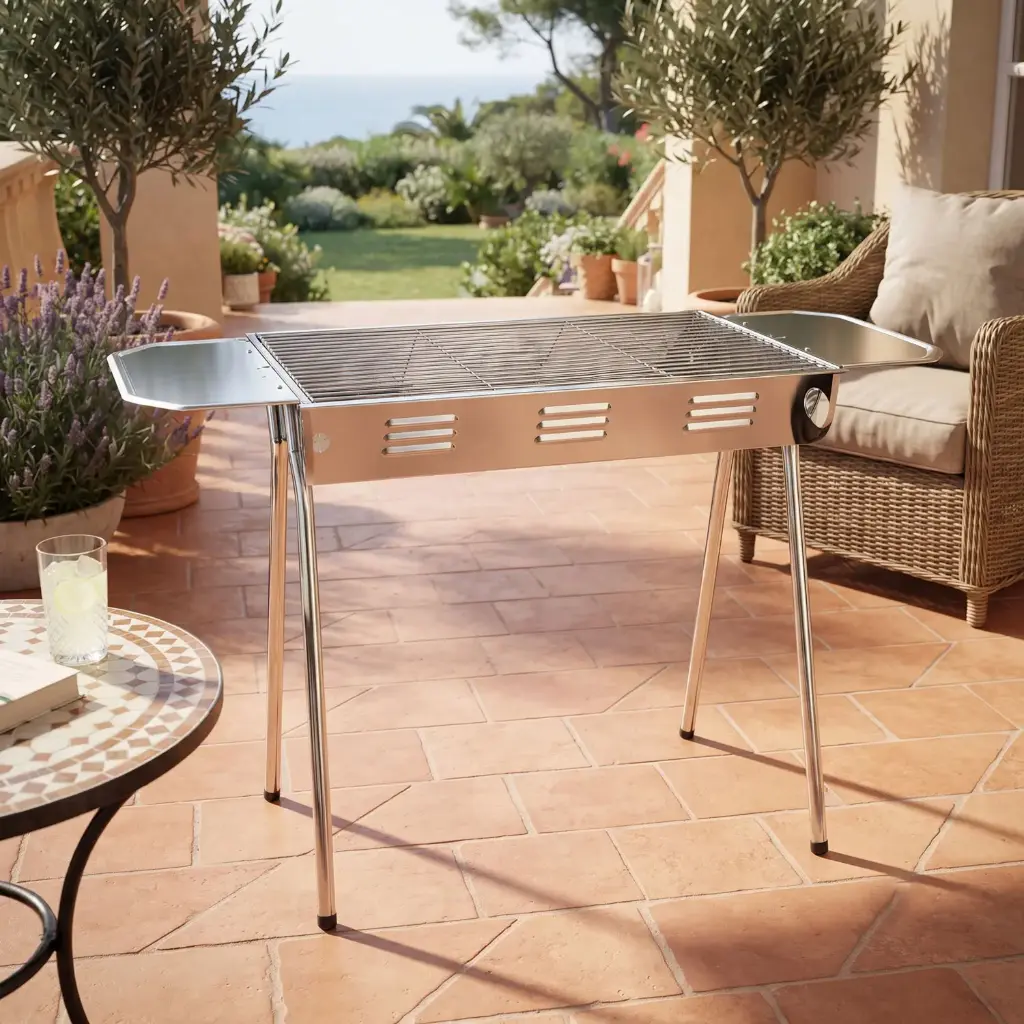 360 HOME CHARCOAL BARBECUE GRILL FOLDABLE SIDE SHELVES STAINLESS STEEL WITH VENTILATION