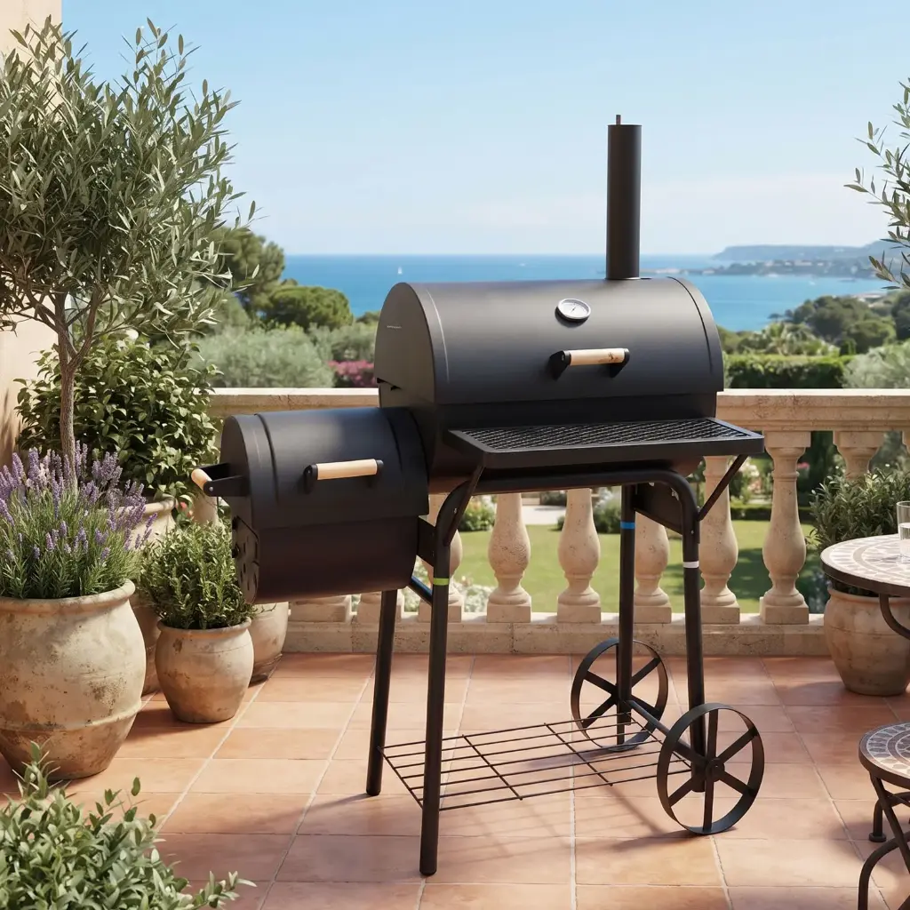 360 HOME Offset barrel charcoal smoker barbecue grill SIDE FIREBOX WITH 2 WHEELS