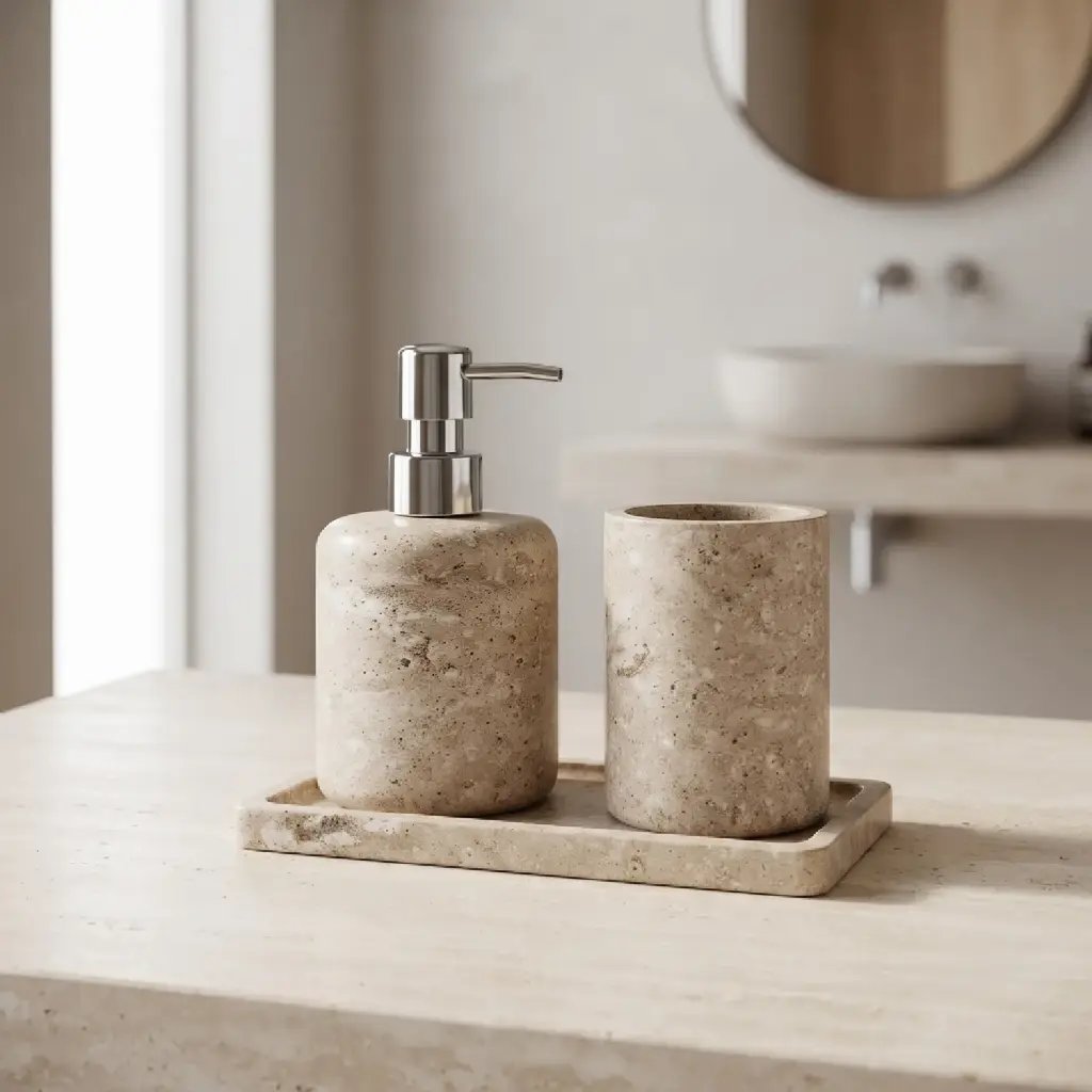 360 HOME RESIN LOTION BOTTLE CUP TRAY SET 3PCS GREIGE  STONE FINISH MODERN MINIMALIST DESIGN