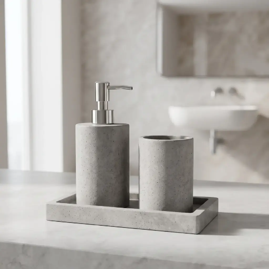 360 HOME RESIN LOTION BOTTLE CUP TRAY SET 3PCS GREY STONE FINISH MODERN MINIMALIST DESIGN