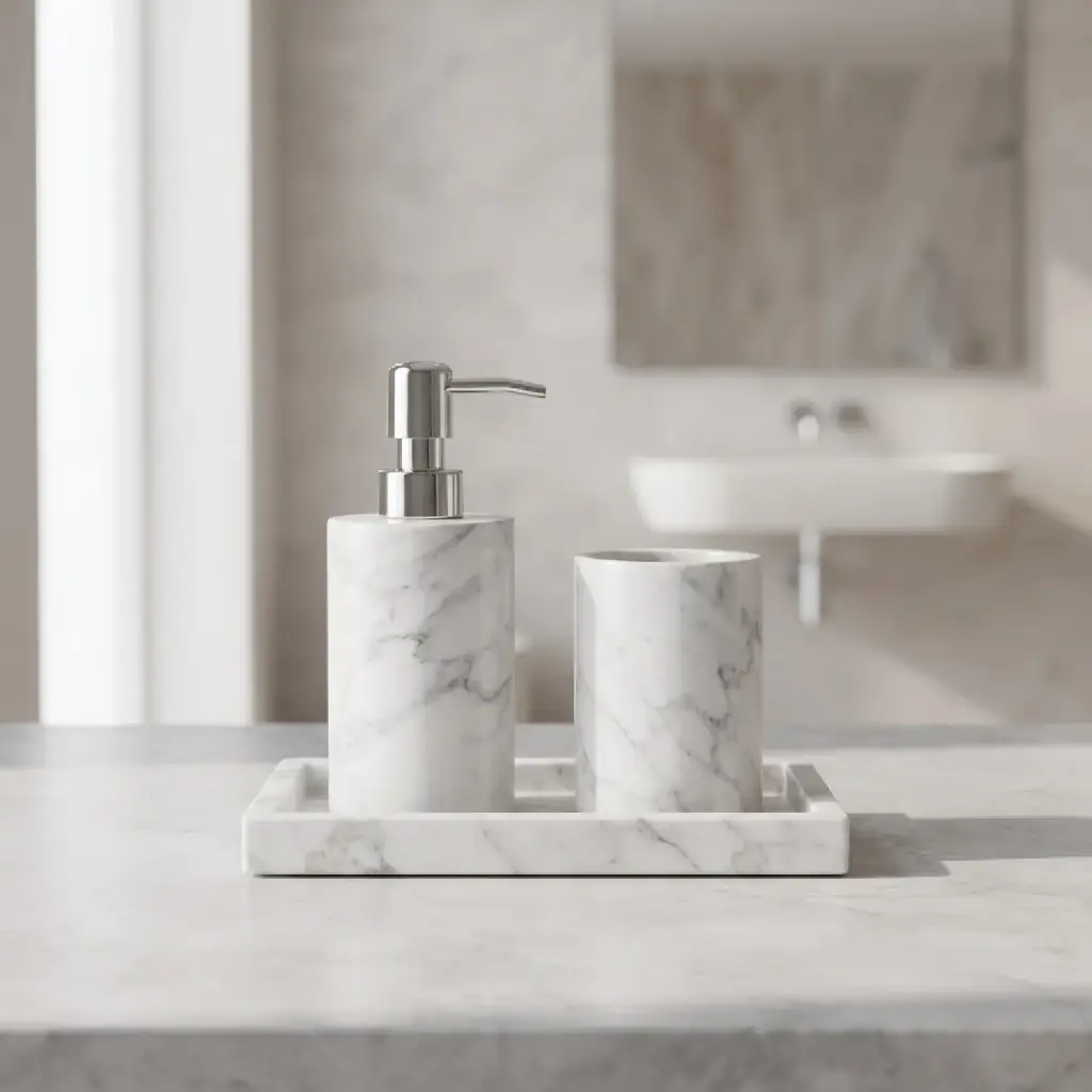 360 HOME RESIN LOTION BOTTLE CUP TRAY SET 3PCS WHITE STONE FINISH MODERN MINIMALIST DESIGN