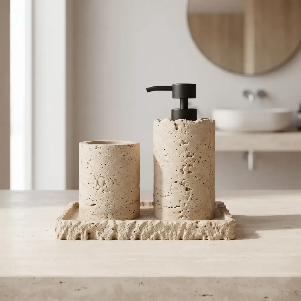 360 HOME RESIN LOTION BOTTLE CUP TRAY TEXTURED BEIGE STONE-EFFECT MODERN MINIMALIST STYLE