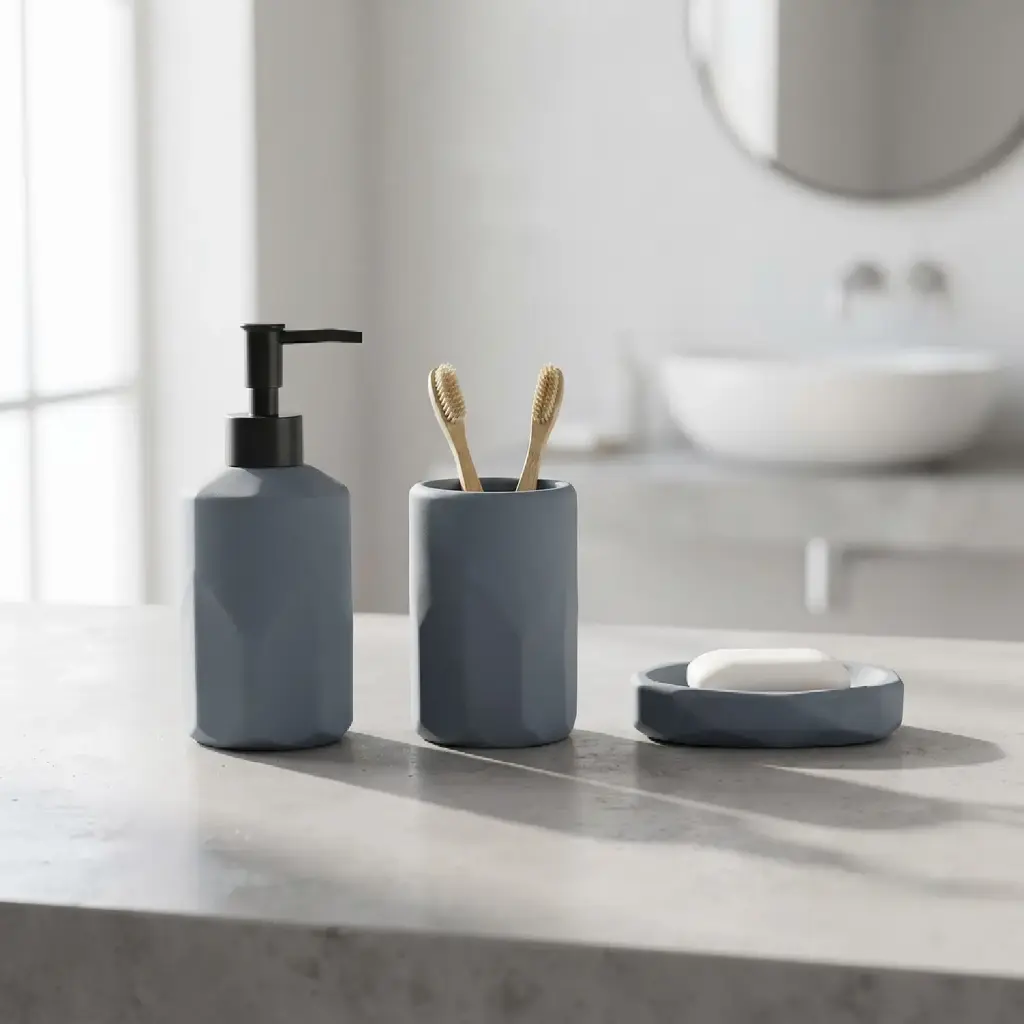 360 HOME RESIN 3PCS SET:LOTION BOTTLE CUP SOAP DISH MODERN MATTE GREY FINISH CLEAN MINIMALIST STYLE