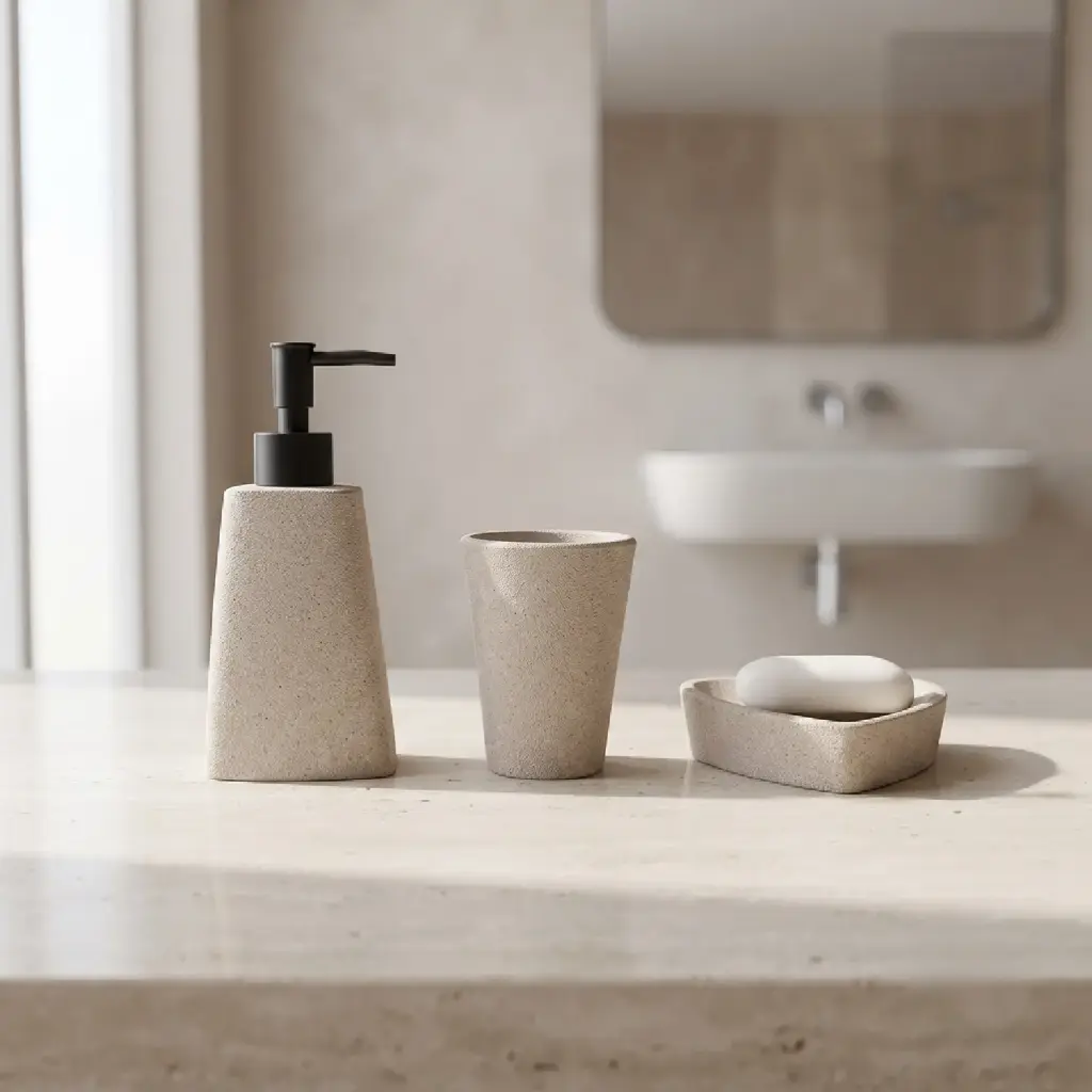 360 HOME RESIN LOTION BOTTLE SOAP DISH CUP BEIGE STONE-EFFECT GEOMETRIC DESIGN