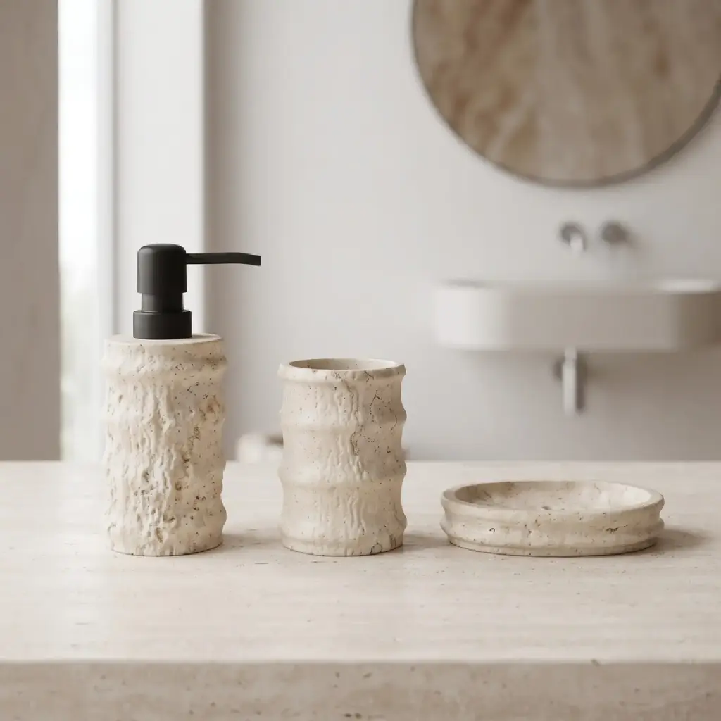 360 HOME RESIN 3PCS SET LOTION BOTTLE CUP SOAP DISH IVORY MODERN DESIGN CARVED STONE SCULPTED PATTERN