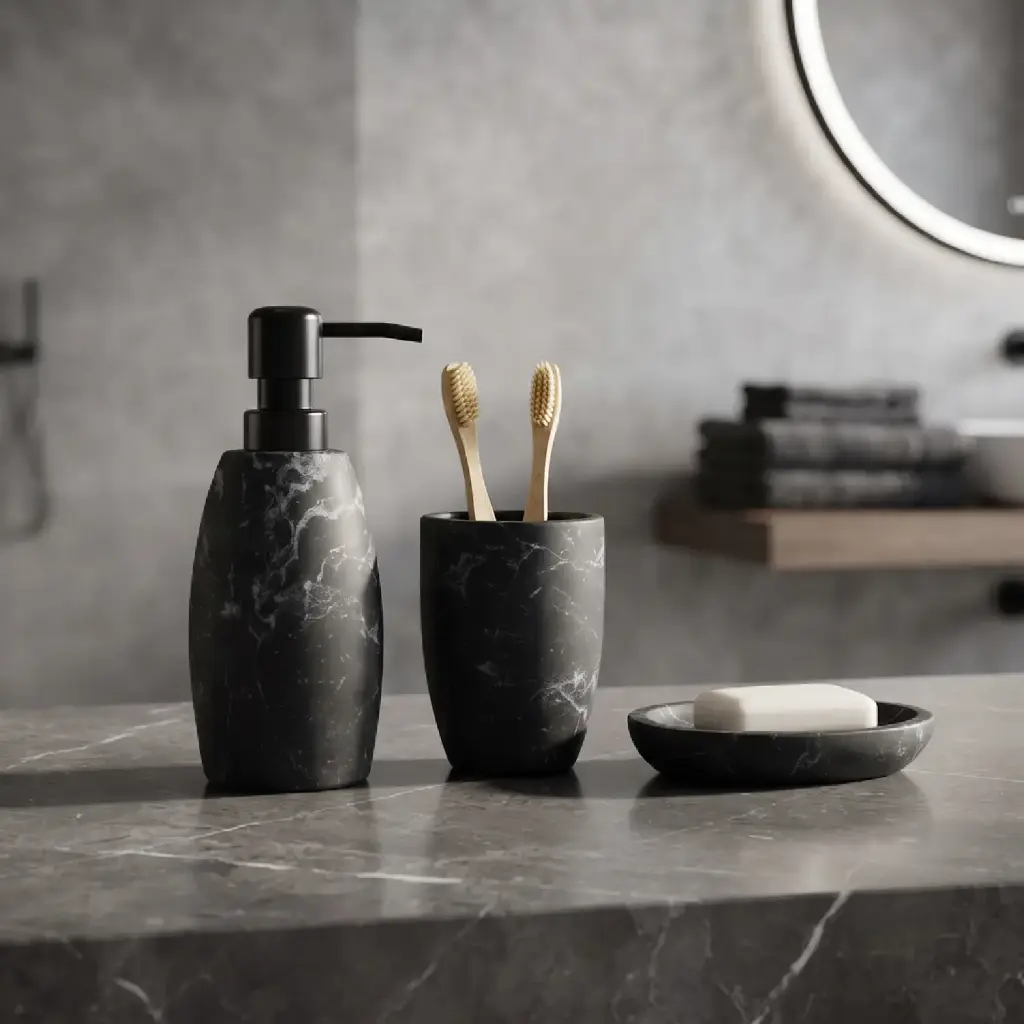 360 HOME Resin three-piece set: lotion bottle, cup, soap dish CHARCOAL GREY MATTE EMBOSSED TROPICAL LEAF PATTERN