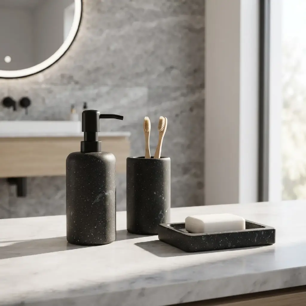 360 HOME CUP RECTANGULAR SOAP DISH BLACK MATTE ROUNDED CYLINDRICAL SHAPE LOTION BOTTLE MARBLE TEXTURE