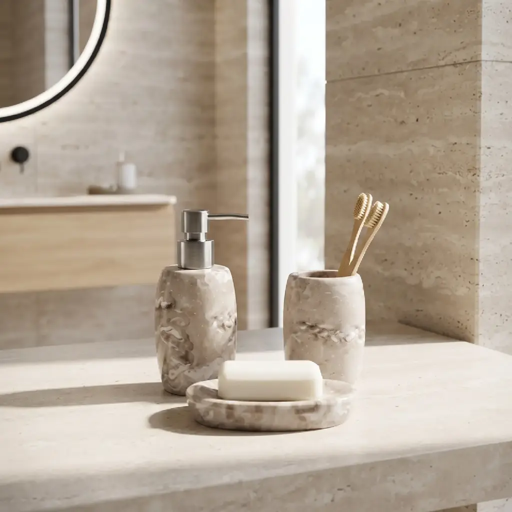 360 HOME ROUNDED PEBBLE LOTION BOTTLE CUP OVAL SOAP DISH BEIGE MATTE/BROWN MARBLE EFFECT 
