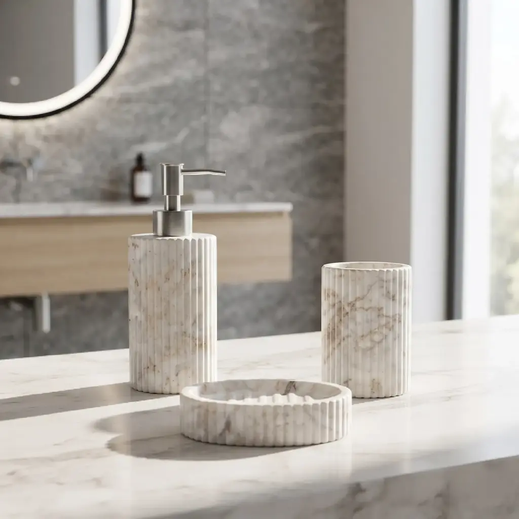 360 HOME CYLINDRICAL SILHOUETTE  LOTION BOTTLE CUP OVAL SOAP DISH WHITE MATTE/IVORY VERTICAL RIBBED TEXTURE