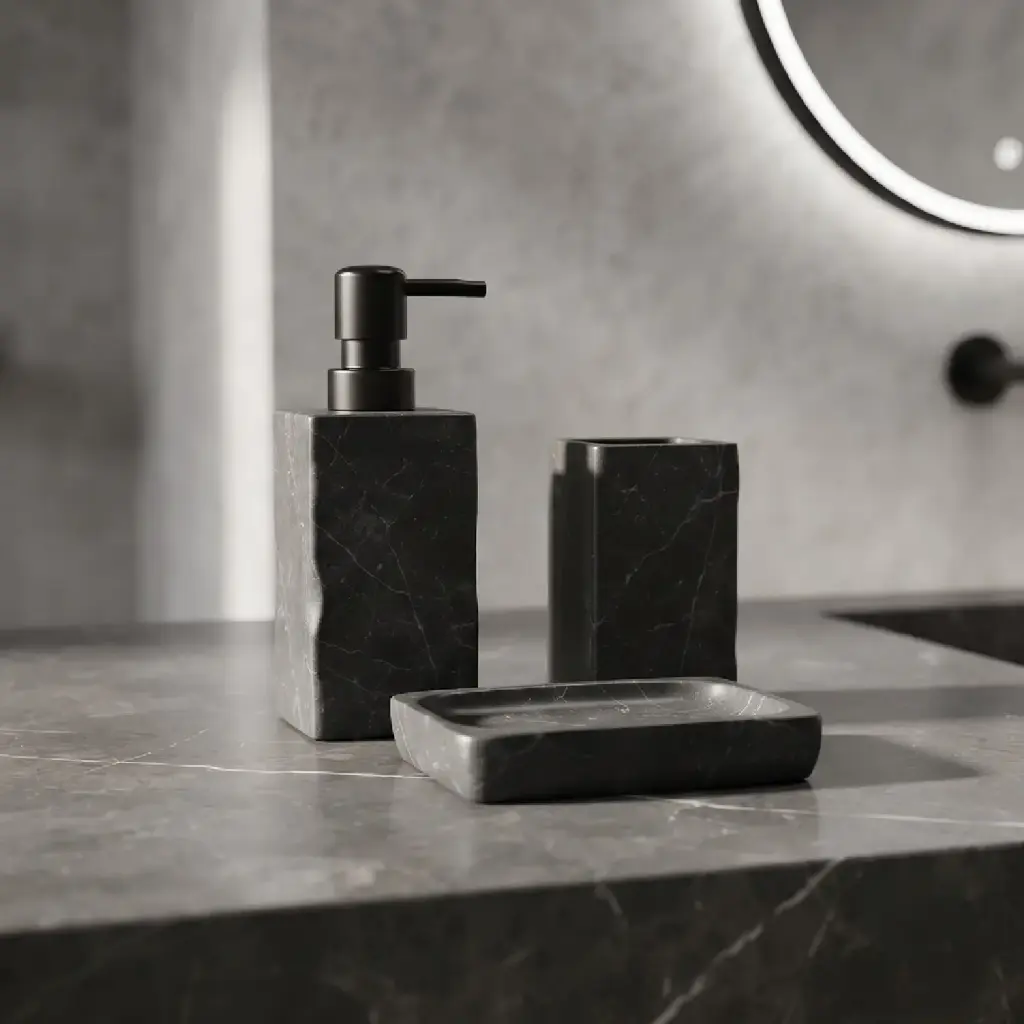 360 HOME RESIN RECTANGLE SILHOUETTE LOTION BOTTLE CUP RECTANGLE SOAP DISH BLACK MATTE MARBLE EFFECT GEOMETRIC LINES
