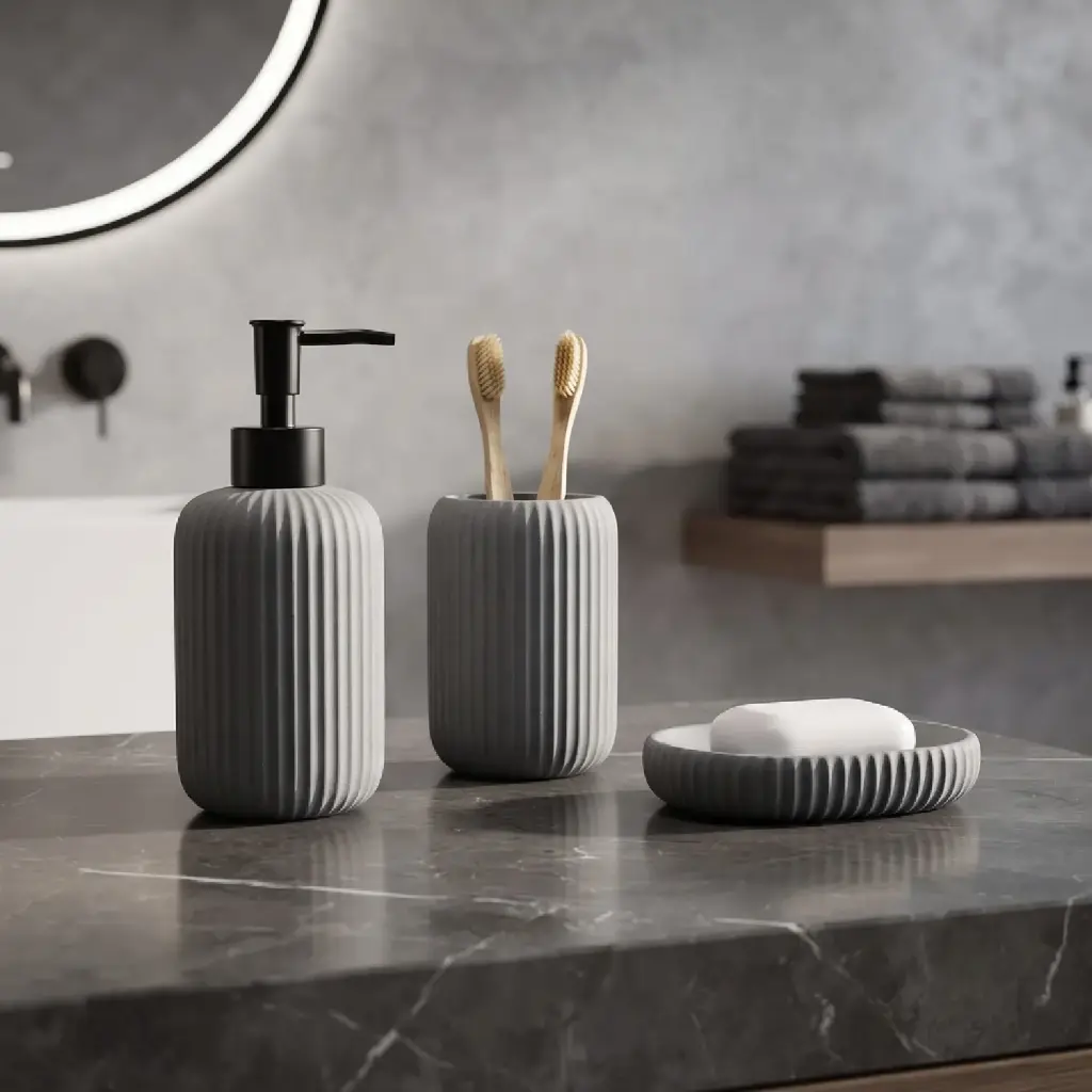 360 HOME RESIN VERTICAL RIBBED TEXTURE ROUNDED CYLINDRICAL SHAPE LOTION BOTTLE CUP OVAL SOAP DISH GREY MATTE 