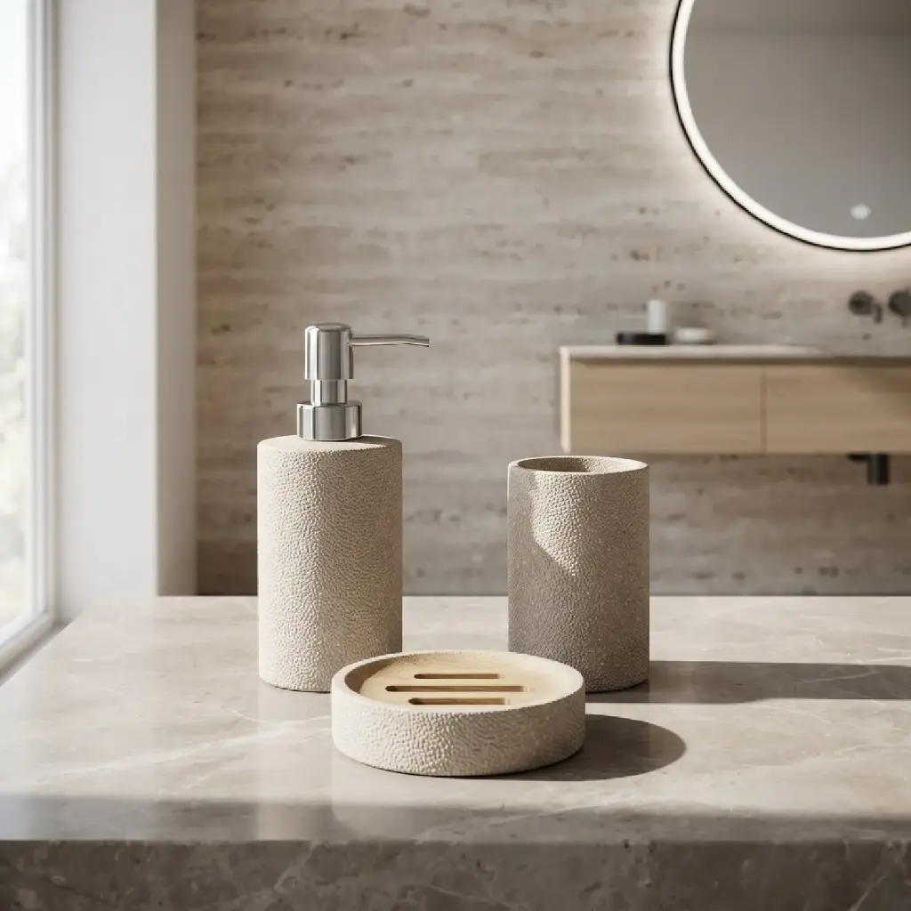 360 HOME VERTICAL RIBBED TEXTURE CYLINDRICAL SILHOUETTE LOTION BOTTLE CUP ROUND SOAP DISH BEIGE MATTE