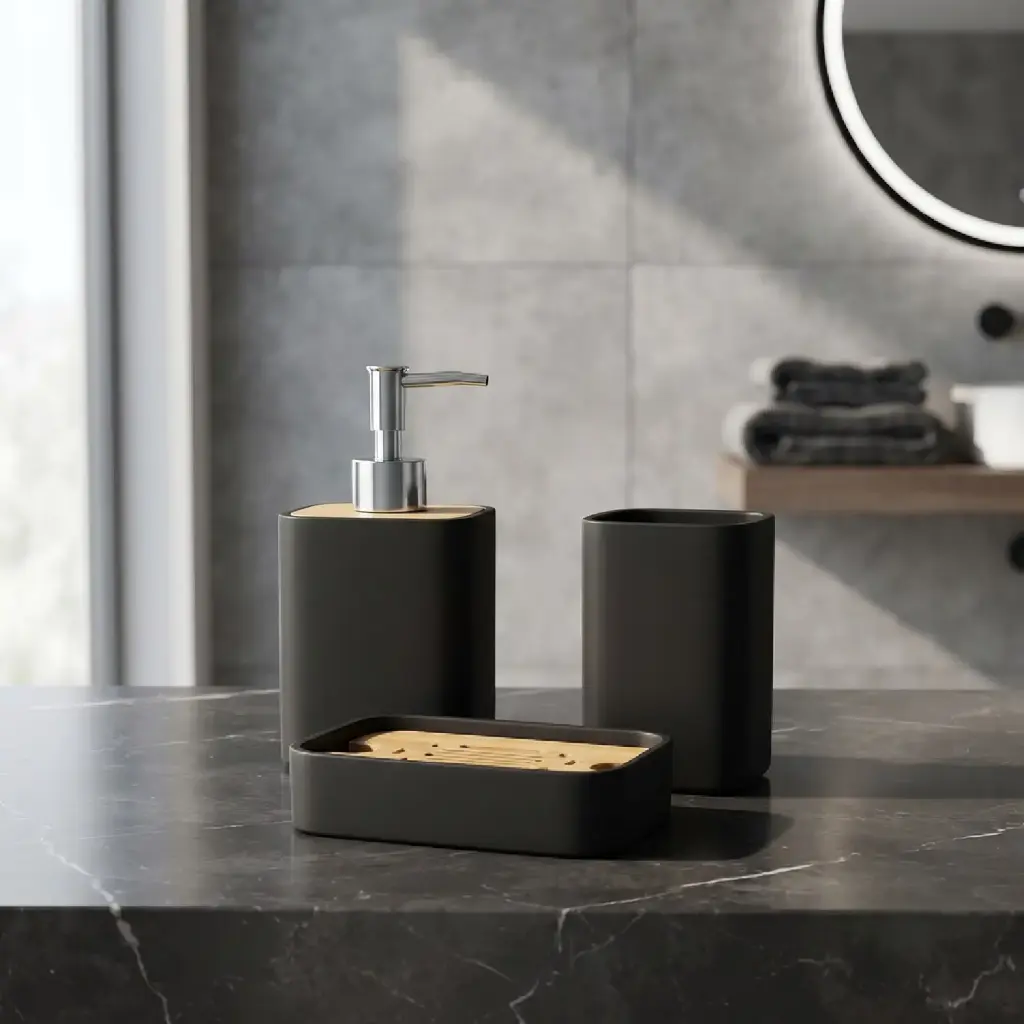 360 HOME RESIN SQUARE SILHOUETTE LOTION BOTTLE CUP SLOTTED SOAP DISH BLACK MATTE GEOMETRIC LINES BAMBOO