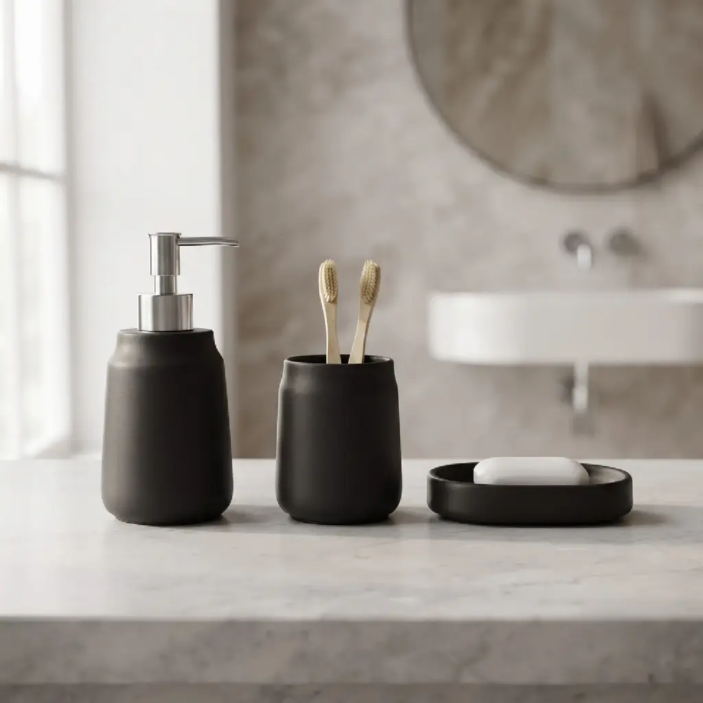 360 HOME RESIN ROUNDED CYLINDRICAL SILHOUETTE  LOTION BOTTLE CUP OVAL SOAP DISH BLACK MATTE