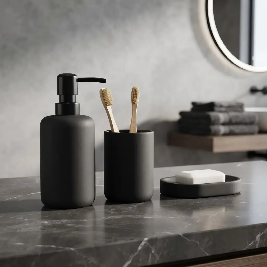 360 HOME RESIN CYLINDRICAL SILHOUETTE LOTION BOTTLE CUP OVAL SOAP DISH ROUNDED EDGES BLACK MATTE