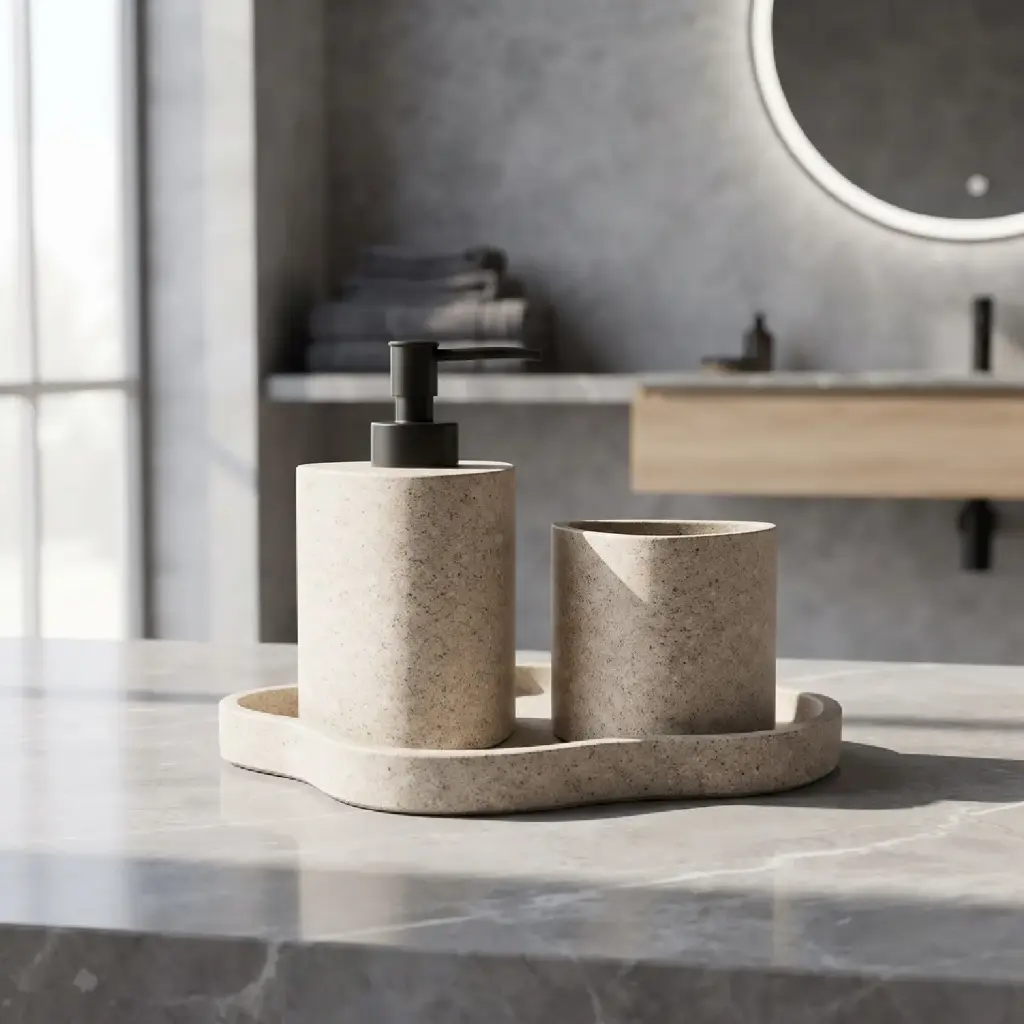 360 HOME RESIN CYLINDRICAL LOTION BOTTLE CUP ORGANIC-SHAPED TRAY NATURAL BEIGE STONE TEXTURED