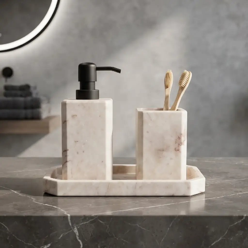 360 HOME SQUARE LOTION BOTTLE ROUNDED EDGES SPOUT CYLINDRICAL  CUP RECTANGULAR TRAY Cream with light beige speckles