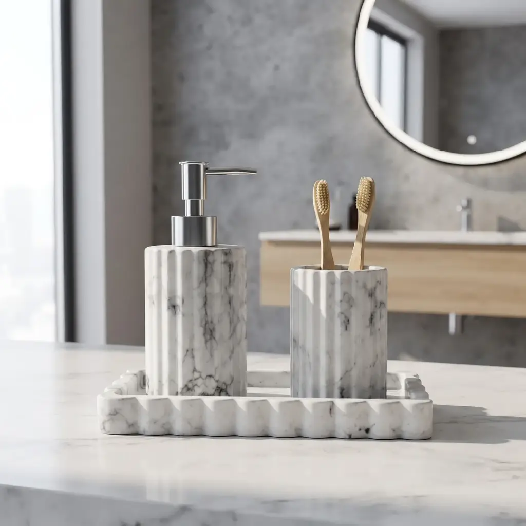 360 HOME RESIN RIBBED CYLINDRICAL LOTION BOTTLE CUP RECTANGULAR TRAY White with subtle light gray marble veining