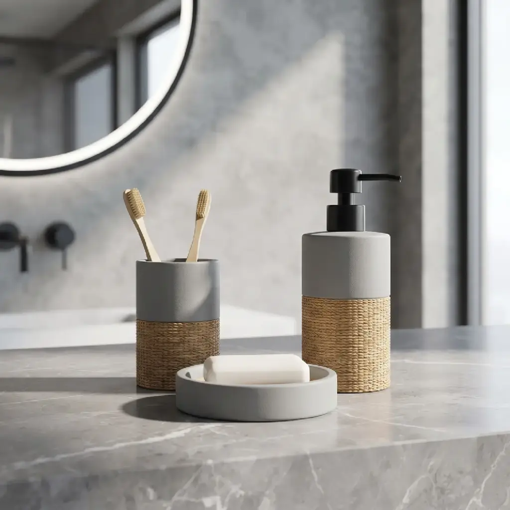 360 HOME CYLINDRICAL LOTION BOTTLE CUP ROUND SOAP DISH RAISED EDGE WHITE MATTE CERAMIC AND BAMBOO DESIGN 