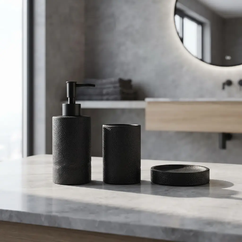 360 HOME CYLINDRICAL LOTION BOTTLE CUP ROUND SOAP DISH CHARCOAL STONE TEXTURED MONOCHROMATIC DESIGN
