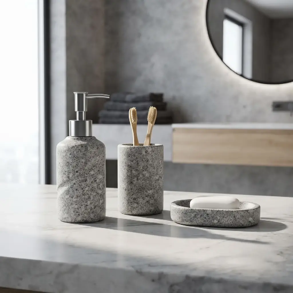 360 HOME RIBBED CYLINDRICAL LOTION BOTTLE CUP OVAL SOAP DISH LIGHT GREY /WHITE SPECKLED STONE FINISH