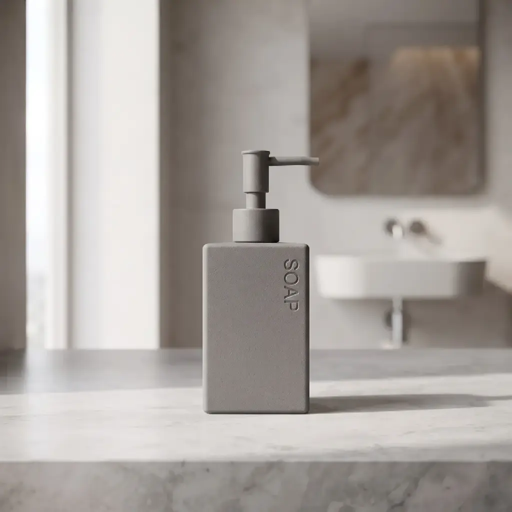 360 HOME  LOTION BOTTLE GREY MATTE MONOCHROMATIC FINISH SQUARE BODY ROUNDED EDGES:7.4x5.5x11.7/17.7