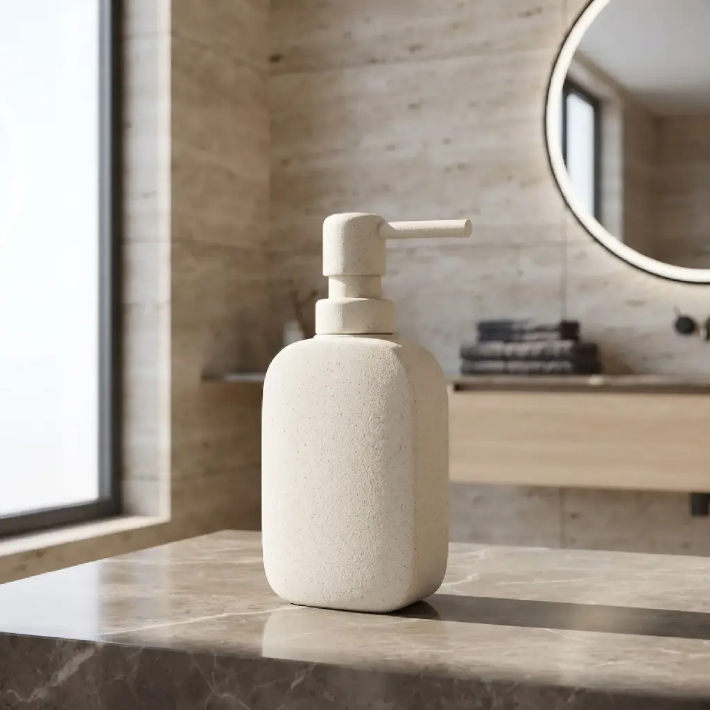 360 HOME LOTION BOTTLE RICE CREAM MATTE LIGHT BEIGE SPECKLED SQUARE BODY ROUNDED EDGES:8.1x4.1x12.3