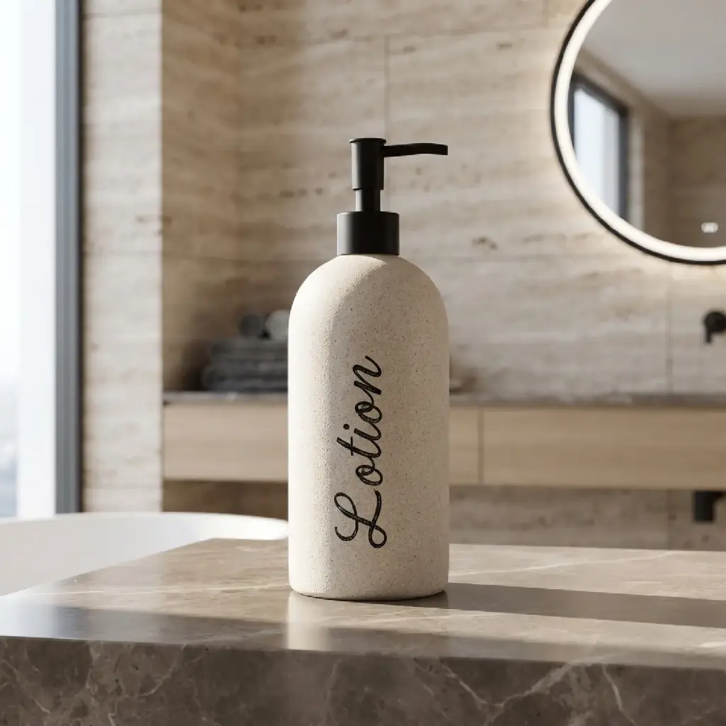 360 HOME RESIN LOTION BOTTLE WARM IVORY LIGHT BEIGE SPECKLED FINISH SQUARE BODY ROUNDED EDGES9.1x9.1x19.5/25.2cm
