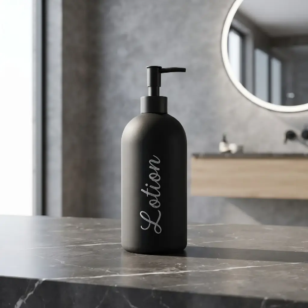 360 HOME RESIN LOTION BOTTLE BLACK MATTE WHITE TYPOGRAPHY TALL CYLINDRICAL SHAPE 9.1x9.1x19.5/25.2cm