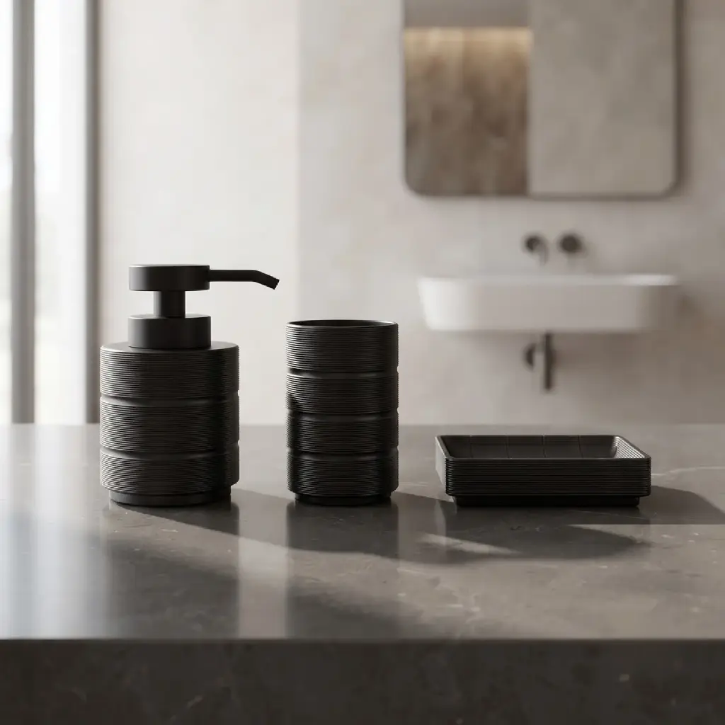 360 HOME CYLINDRICAL LOTION BOTTLE CUP RECTANGULAR SOAP DISH CHARCOAL STONE MONOCHROMATIC DESIGN RIBBED