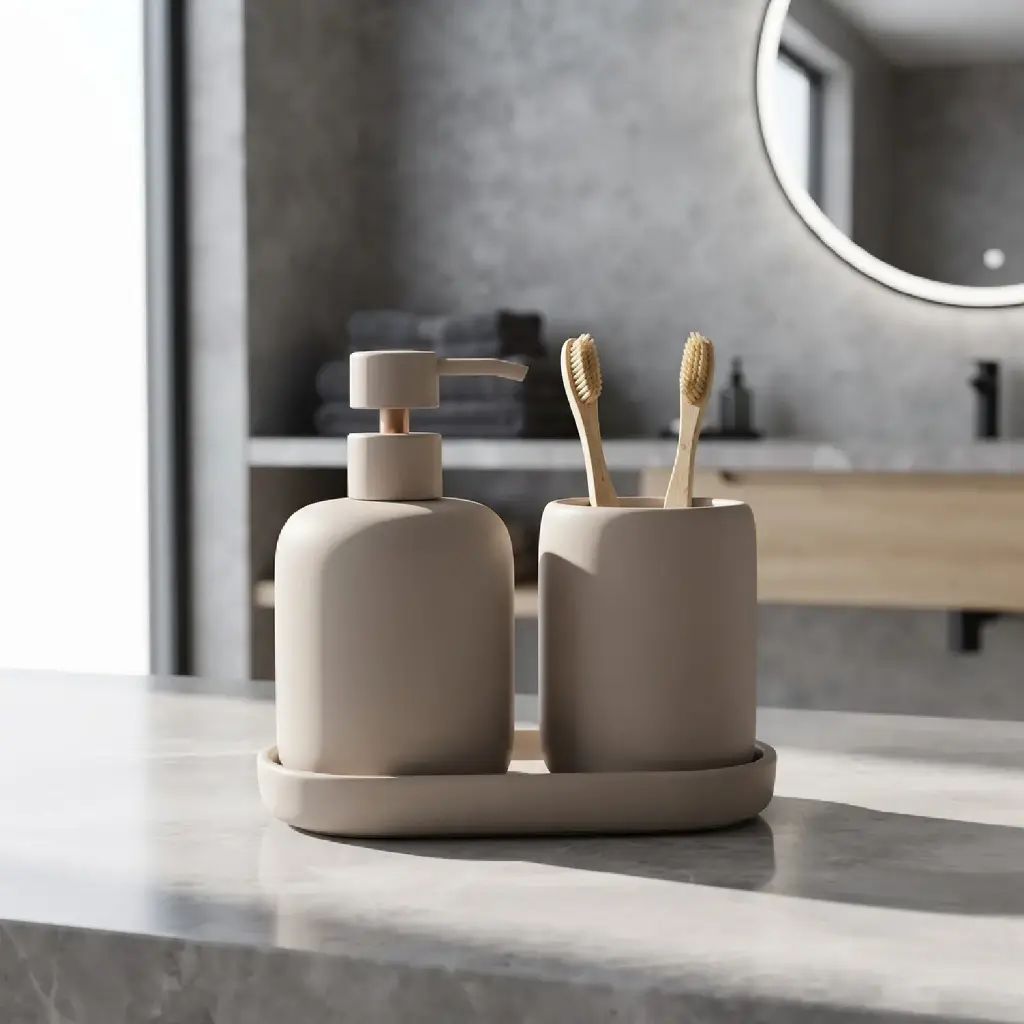 360 HOME CERAMIC ROUNDED SQUARE SOFT EDGES LOTION BOTTLE CUP RECTANGULAR TRAY WARM TAUPE MATTE 