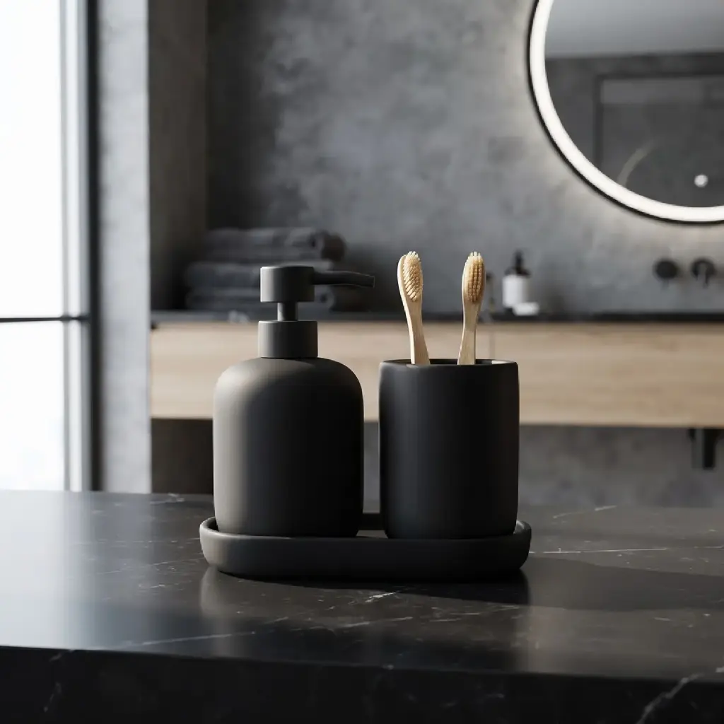 360 HOME CERAMIC ROUNDED SQUARE SOFT EDGES LOTION BOTTLE CUP RECTANGULAR TRAY WARM BLACK MATTE 