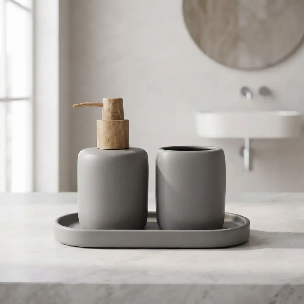 360 HOME CERAMIC ROUNDED SQUARE LOTION BOTTLE CUP OVAL RAISED EDGE TRAY GREY MATTE