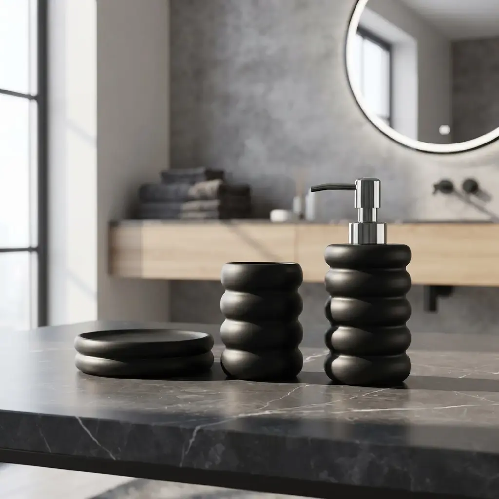 360HOME RIBBED CYLINDRICAL LOTION BOTTLE CUP ROUND SOAP DISH RAISED RIM BLACK MATTE MONOCHROMATIC DESIGN