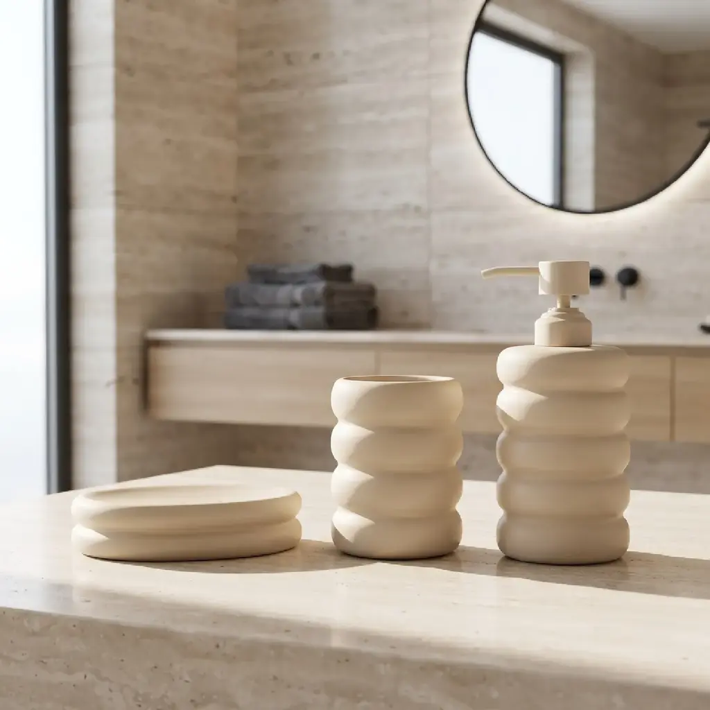 360HOME RIBBED CYLINDRICAL LOTION BOTTLE CUP ROUND SOAP DISH RAISED RIM BEIGE MATTE MONOCHROMATIC DESIGN