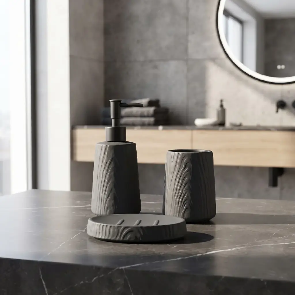 360 HOME TAPERED CYLINDRICAL LOTION BOTTLE CUP OVAL SOAP DISH DARK GREY MATTE WOOD GRAIN TEXTURED 