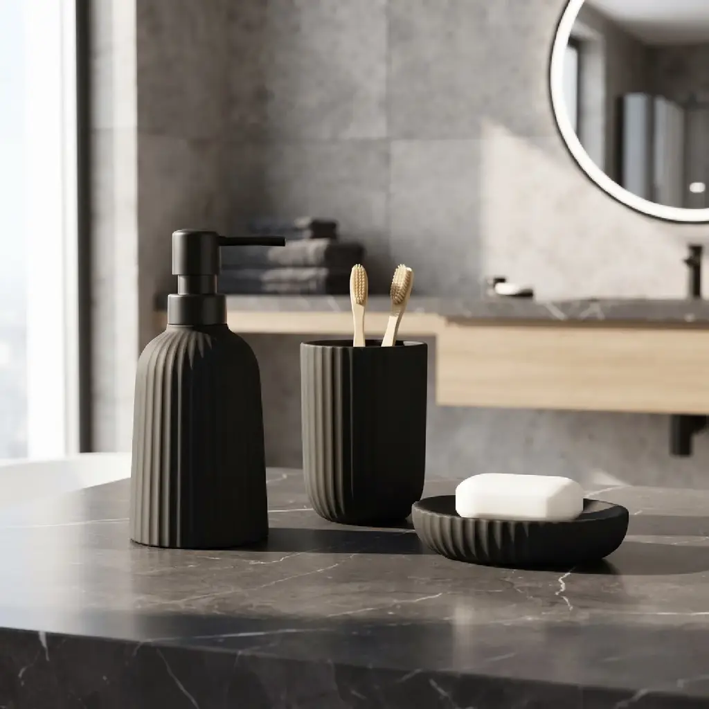 360 HOME TALL CYLINDRIC LOTION BOTTLE CUP OVAL RAISED EDGE SOAP DISH BLACK MATTE RIBBED FINISH 