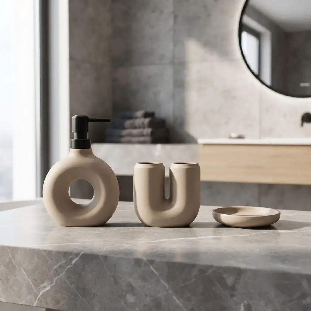 360 HOME DONUT SHAPE LOTION BOTTLE U-SHAPED TOOTHBRUSH HOLDER OVAL RAISED EDGE SOAP DISH BEIGE MATTE