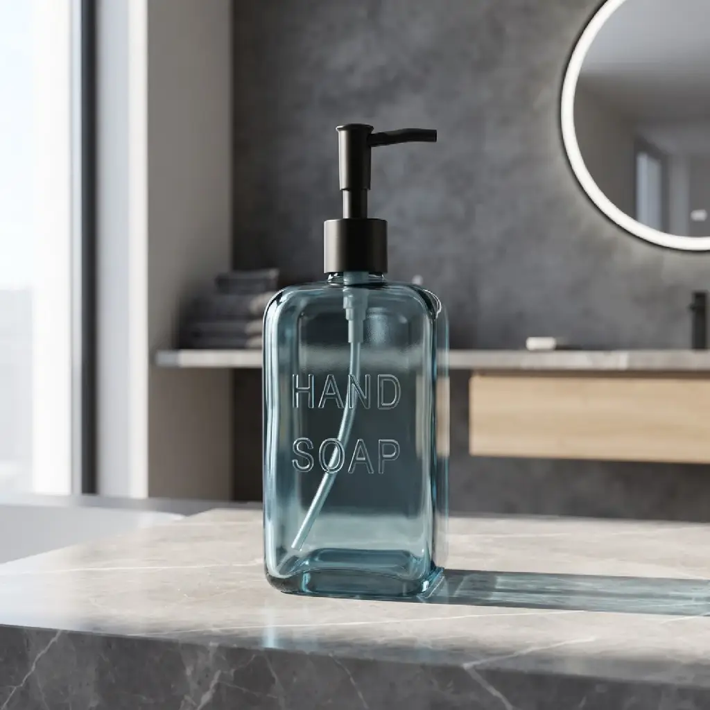 360 HOME RECTANGULAR LOTION BOTTLE ROUNDED CORNER 550ml AQUA BLUE GLASS:L9.8xW6xH19cm