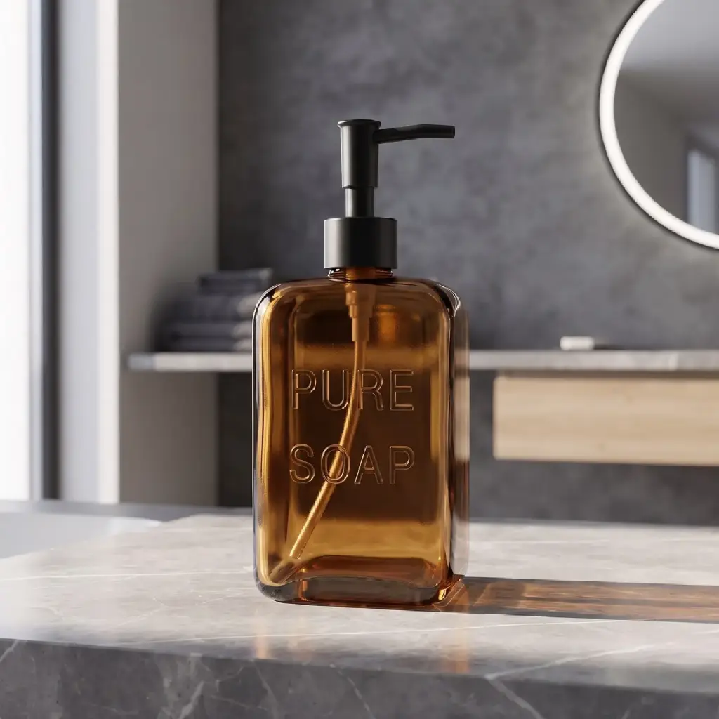 360 HOME RECTANGULAR LOTION BOTTLE ROUNDED CORNER 550ml AMBER GLASS:L9.8xW6xH19cm