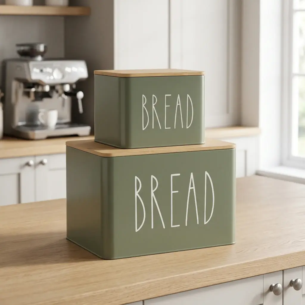 360 HOME RECTANGULAR BREAD STORAGE BIN METAL OLIVE GREEN WHITE LETTERING 18x15.5x13/13.5 28x20.5x19/19.5