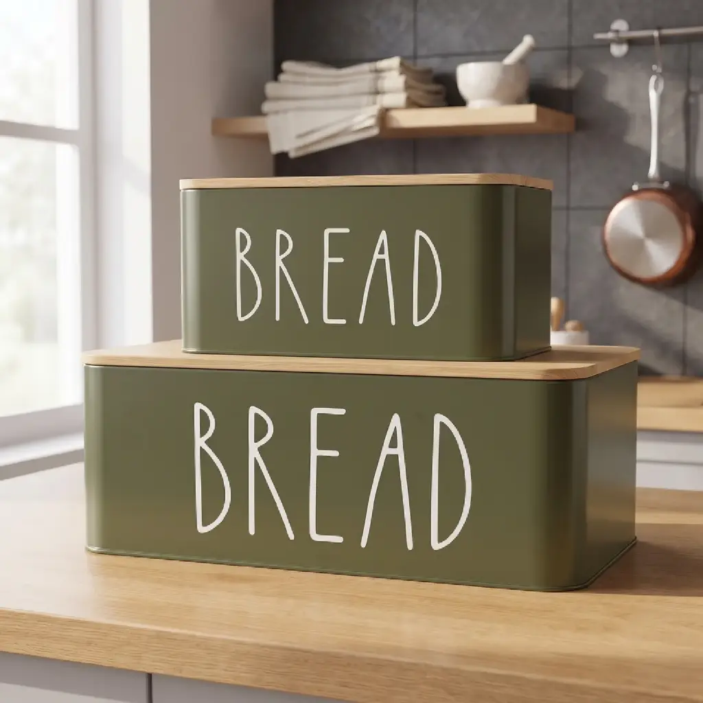 360 HOME RECTANGULAR BREAD STORAGE BIN METAL OLIVE GREEN WHITE LETTERING 18x15.5x13/13.5 28x20.5x19/19.5