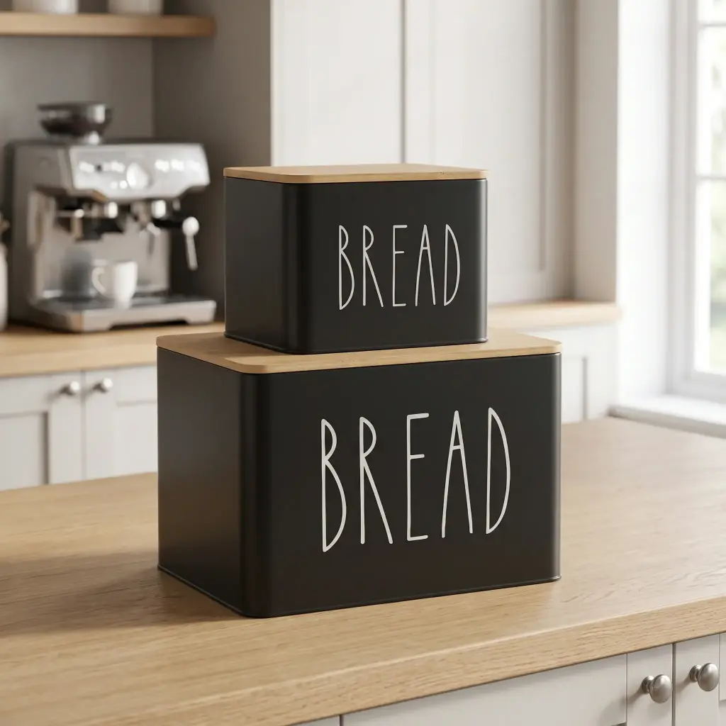 360 HOME RECTANGULAR BREAD STORAGE BIN METAL BLACK WHITE LETTERING 18x15.5x13/13.5 28x20.5x19/19.5